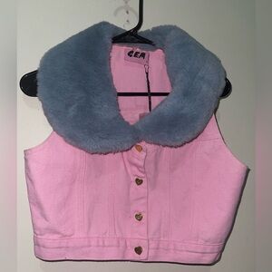 NWT Lazy Oaf Pink dem Faux Fur denim Vest jacket